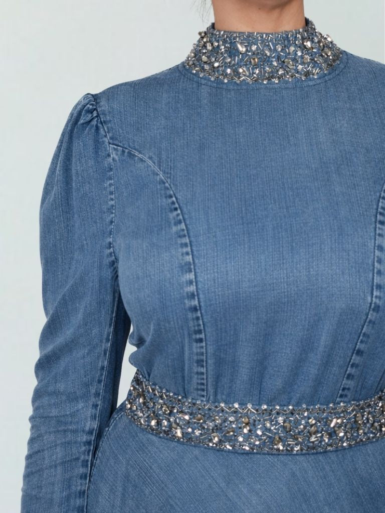 VESTIDO LARGO DENIM STRASS