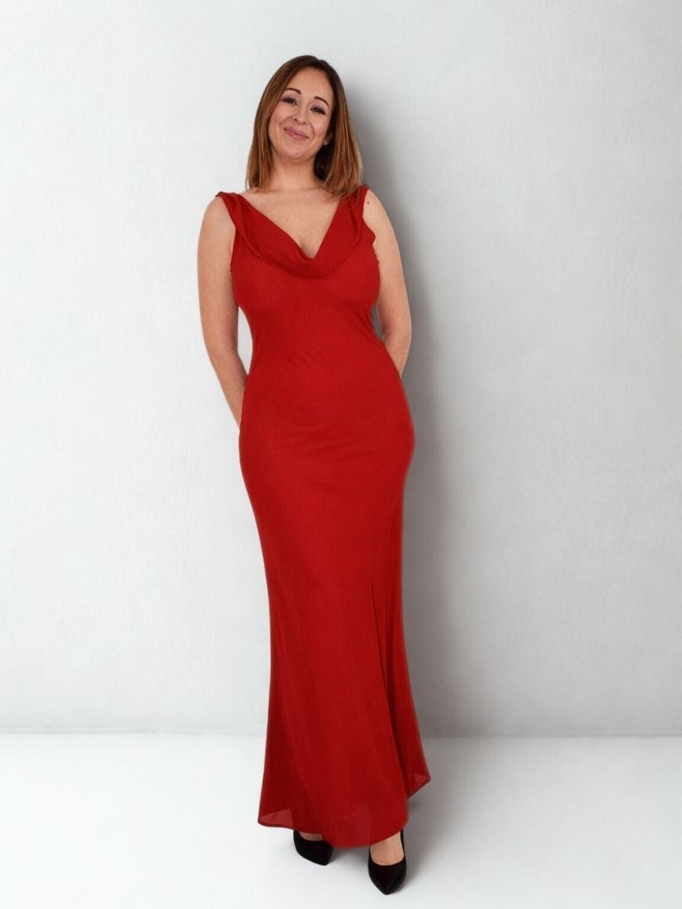 VESTIDO LARGO ROJO DRAPEADO