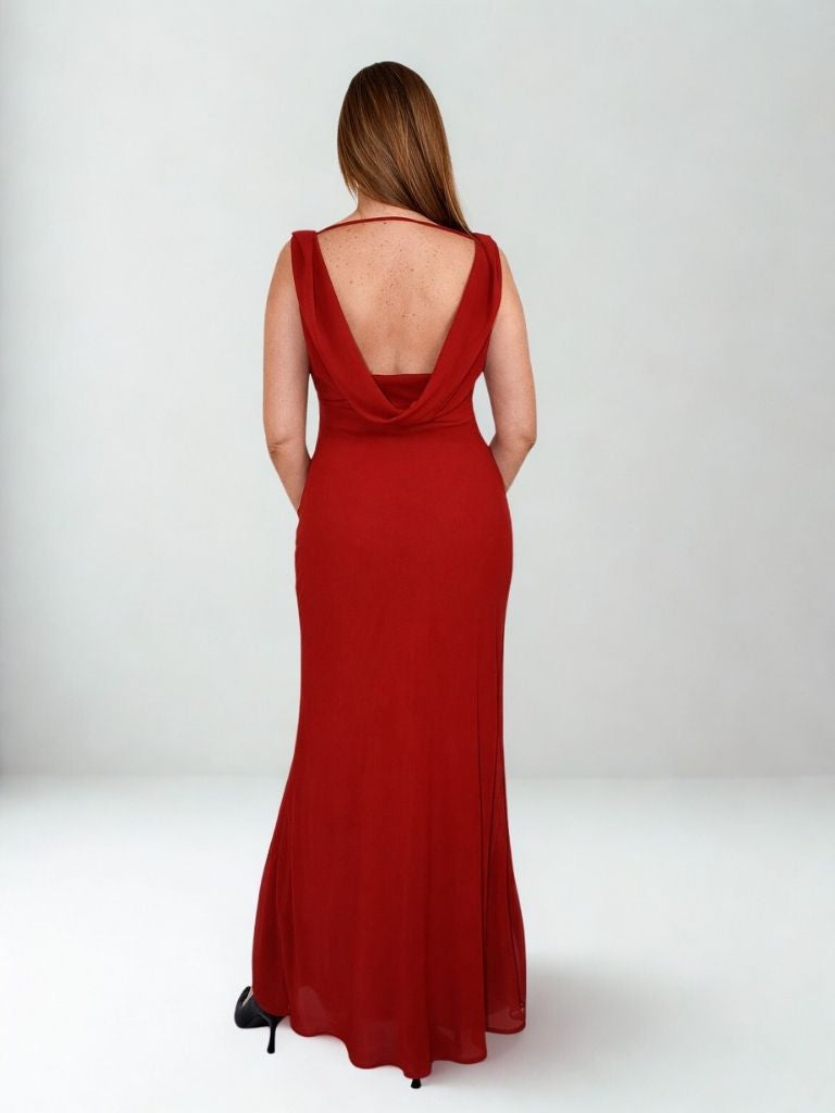 VESTIDO LARGO ROJO DRAPEADO