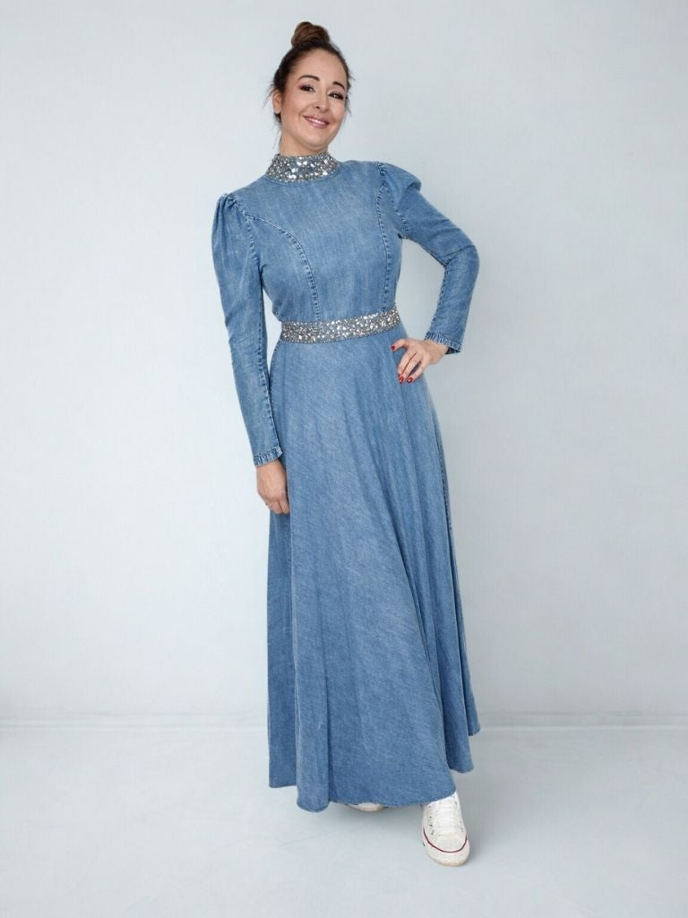 VESTIDO LARGO DENIM STRASS