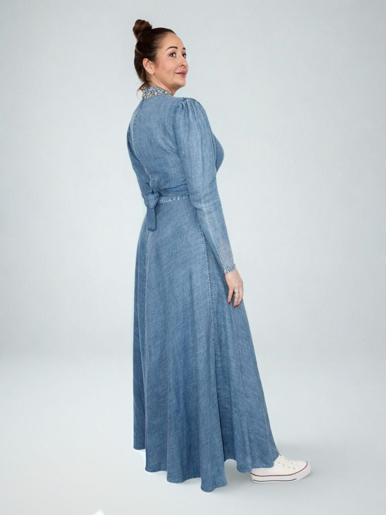 VESTIDO LARGO DENIM STRASS