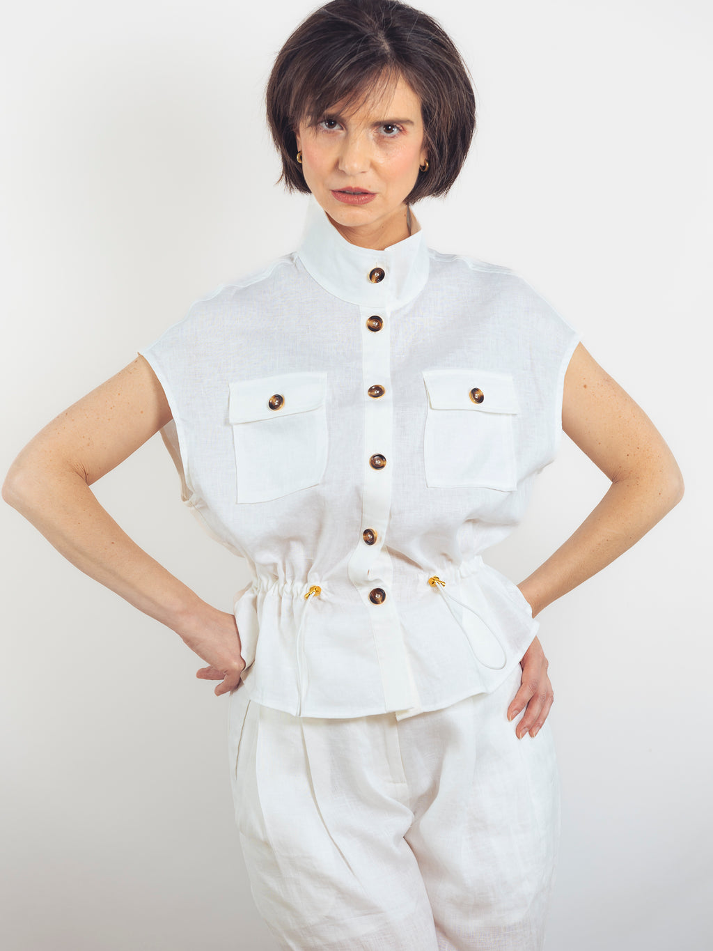 BLUSA LINO BLANCO FRUNCIDA