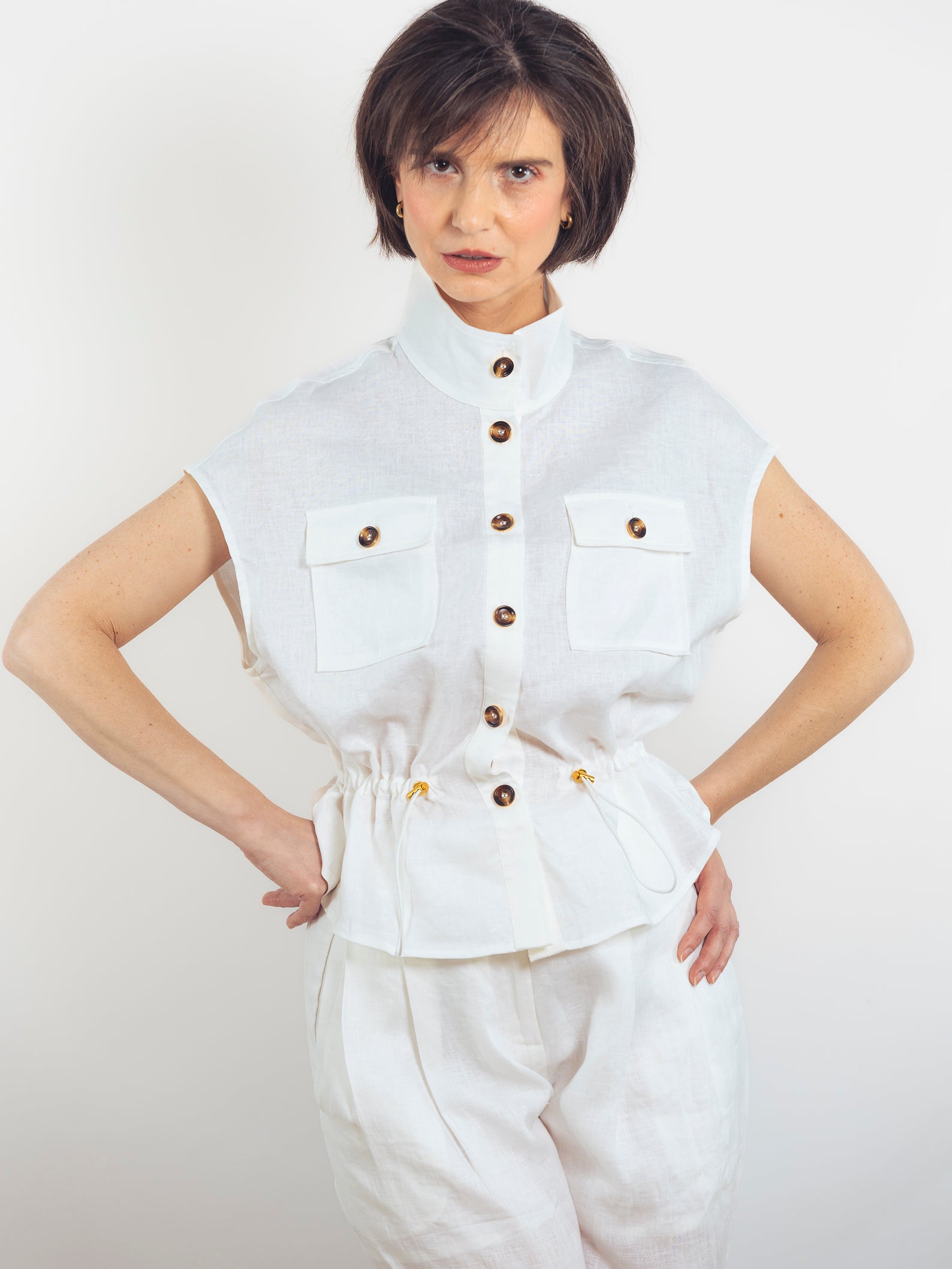 BLUSA LINO BLANCO FRUNCIDA