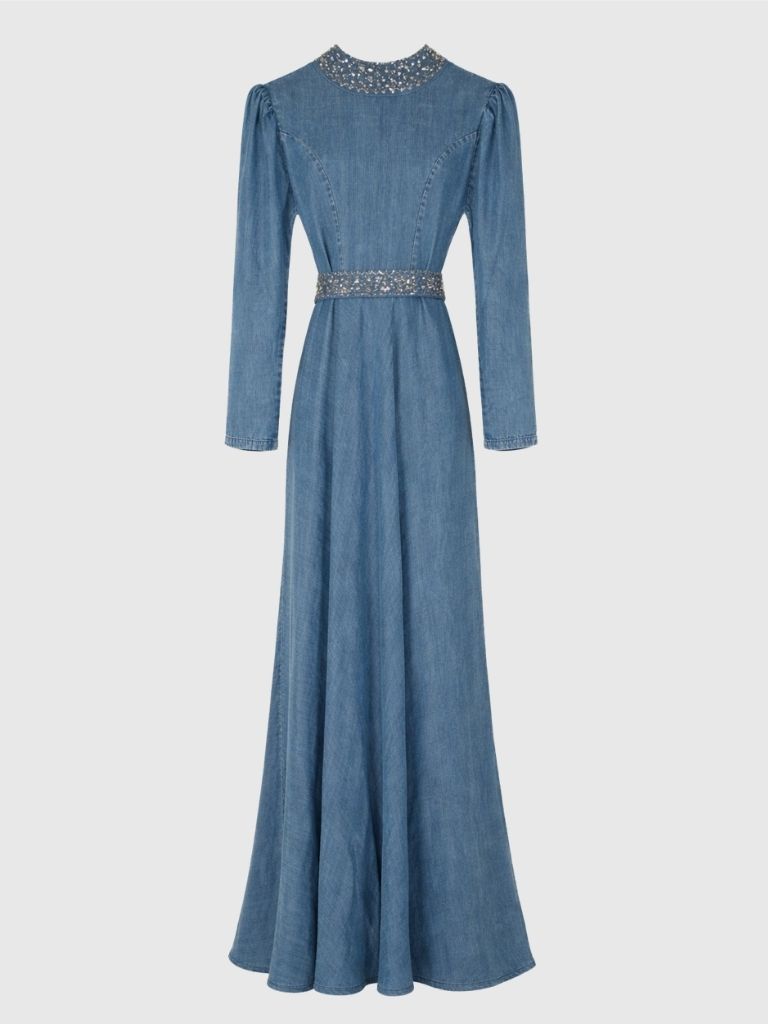 vestido denim largo detalles strass