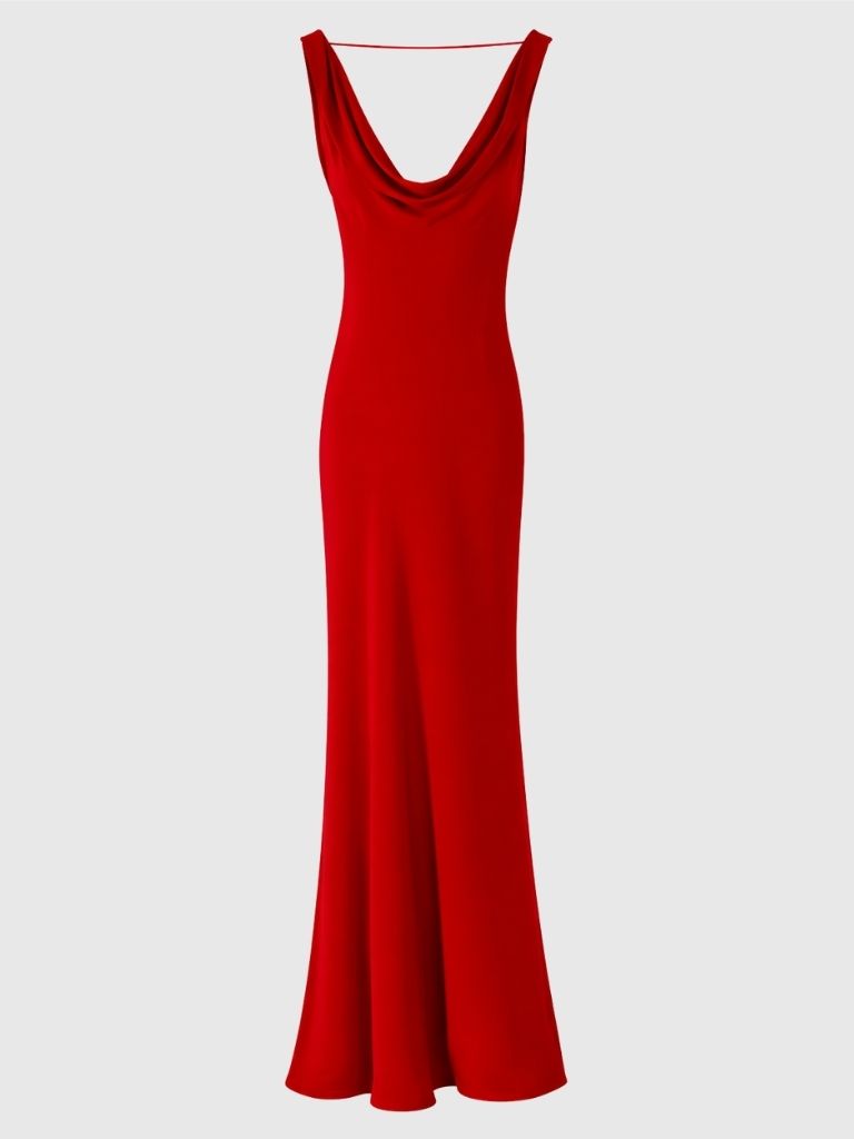 vestido largo rojo escote drapeado 